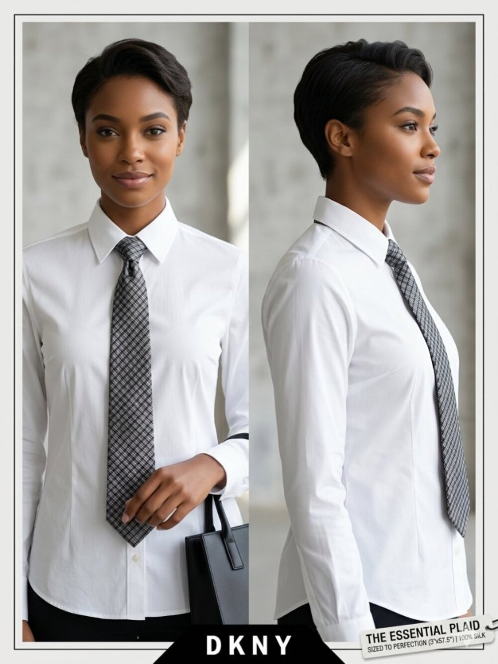 DKNY Black Grey White 100% Silk Plaid Business Formal Checkered Tie 3x57.5" NEW - Picture 2 of 6